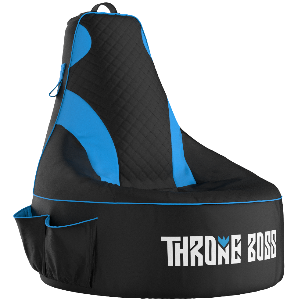 Gaming bean bag chair in blue with large pockets and headphone hanger