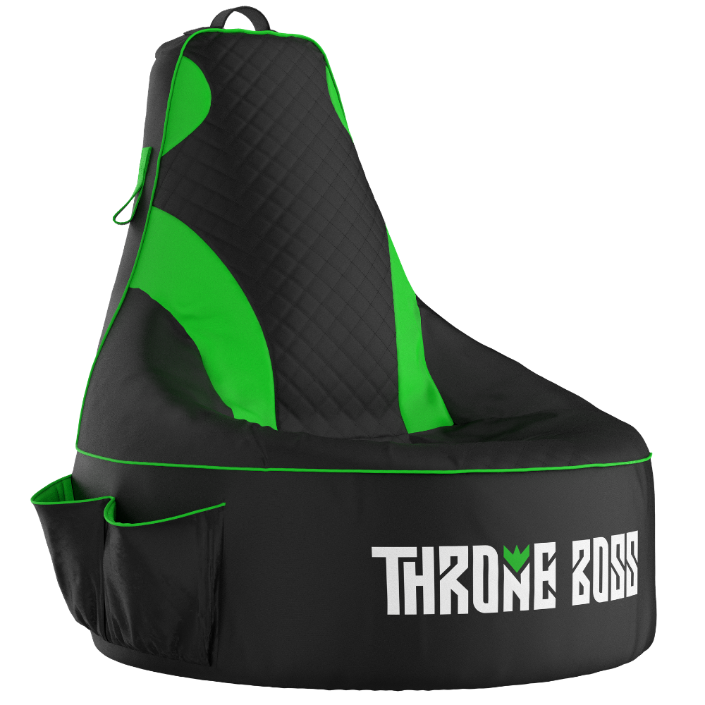 Gaming bean bag chair in green with large pockets and headphone hanger